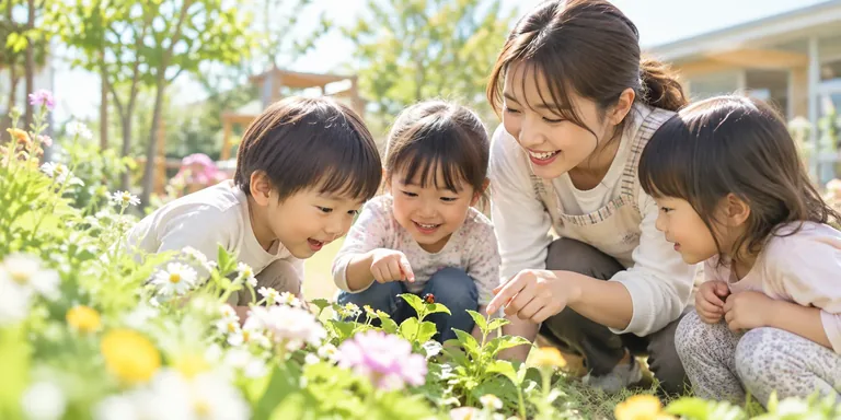 保育士と子どもたちが園庭で花や虫を見ながら遊んでいる様子