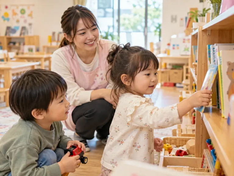 子どもが絵本やおもちゃを選び、保育士が見守っている様子