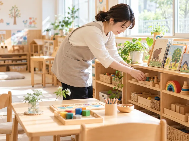 保育士がおもちゃや絵本を整え、保育環境を準備している様子