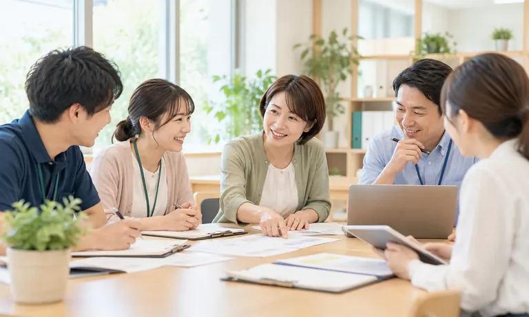 明るい室内で打ち合わせをする人々