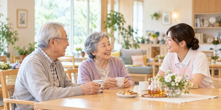 お茶を囲み、笑顔で会話する高齢者とスタッフ