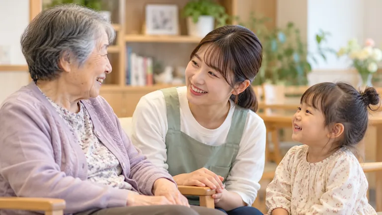 職員と利用者・子どもが笑顔で会話している様子