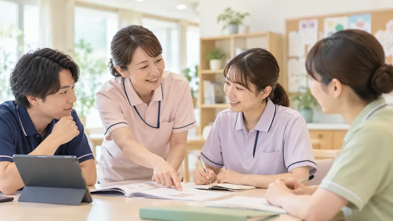 先輩職員が後輩職員に仕事を教えている様子