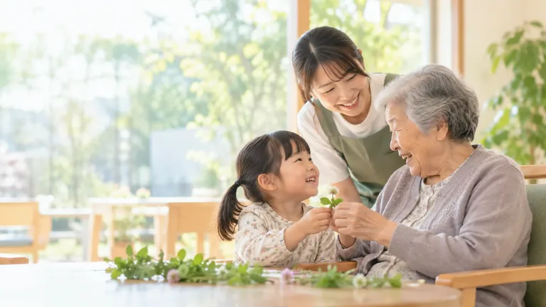 花を手に笑顔を交わす子どもと高齢の方、そばで見守る職員
