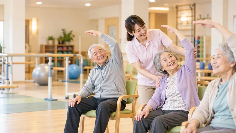 職員と一緒に椅子に座って体操を楽しむ高齢の方々