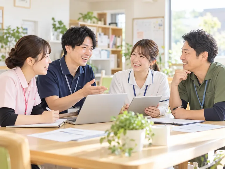 笑顔で打ち合わせをするスタッフたち